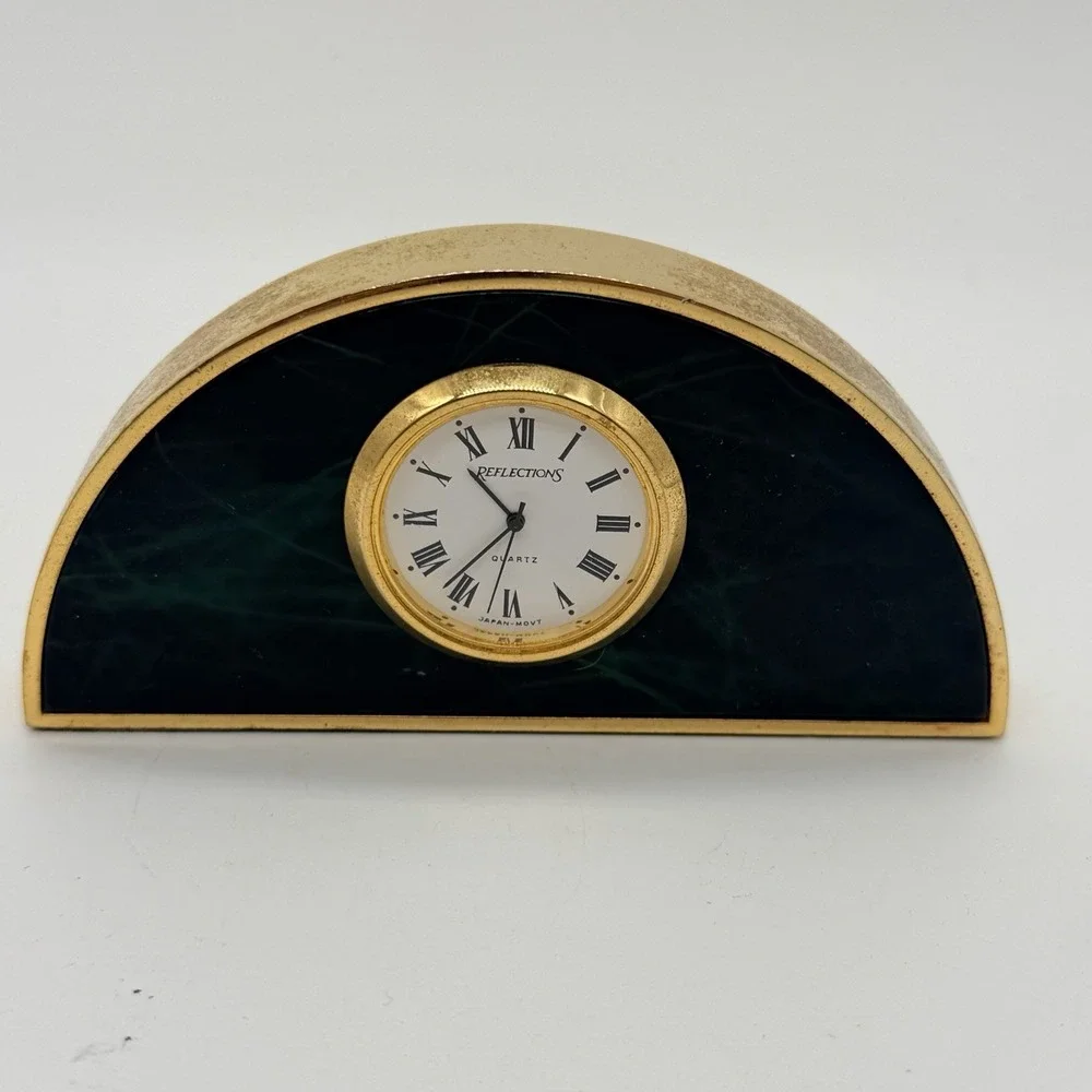 Quartz Mantel Desk Clock Marble Gold Tone Fresh Battery 4 1/2 Inch Long Heavy